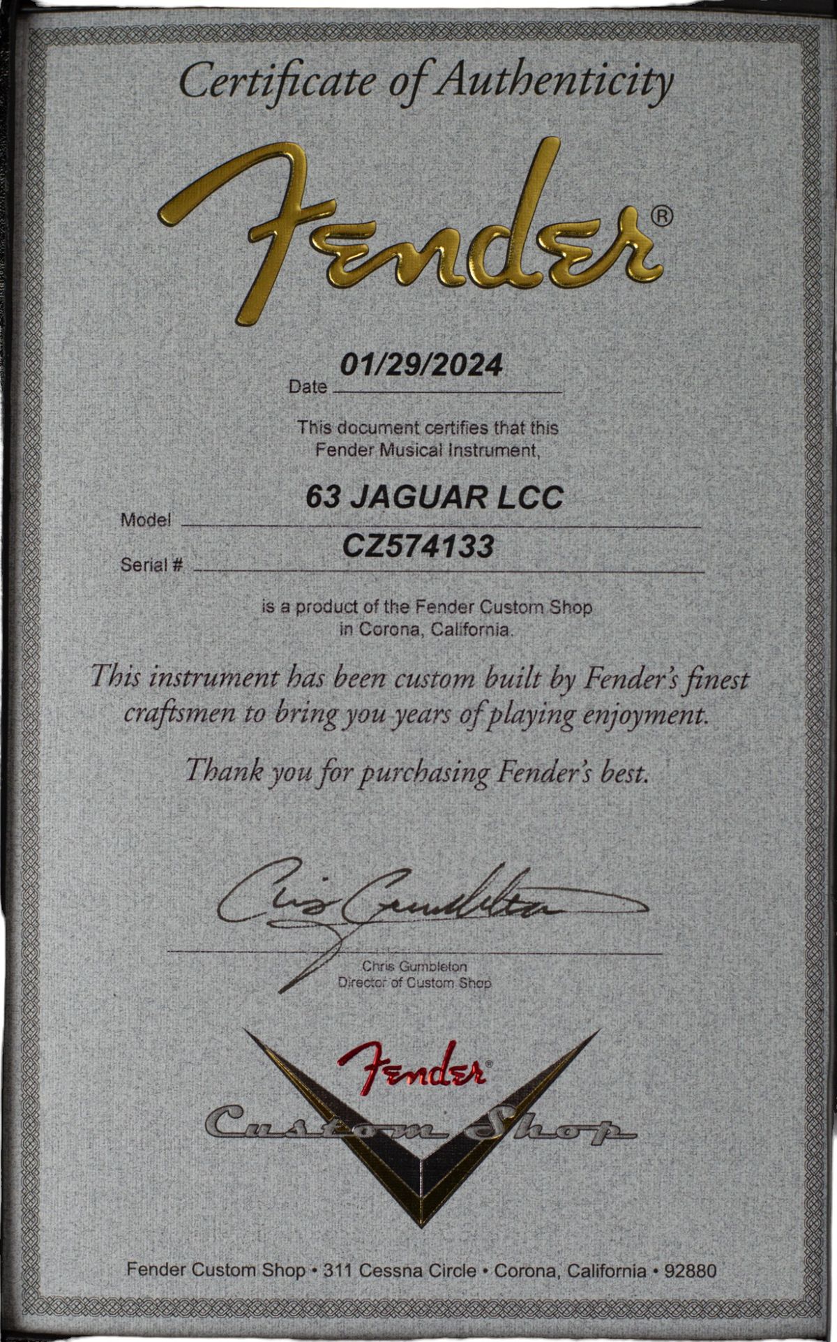 2024 Fender Custom Shop '63 Jaguar Deluxe Closet Classic Aged Inca